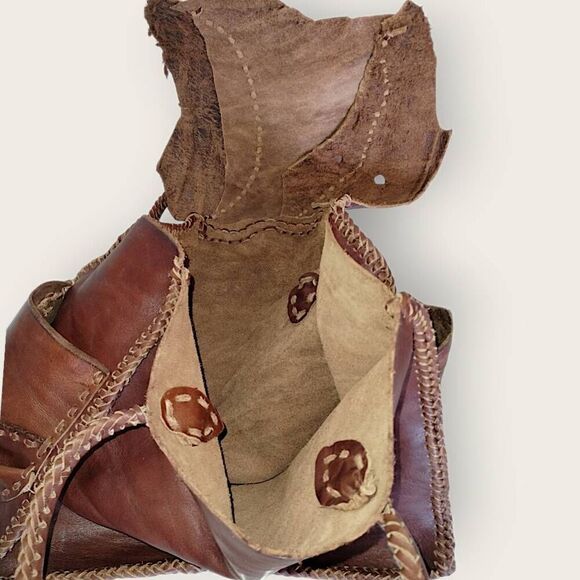 Vtg Hand Crafted Leather Bag Woven Tooled Brown Bullet Holes Western Cowboy RARE - Picture 7 of 13